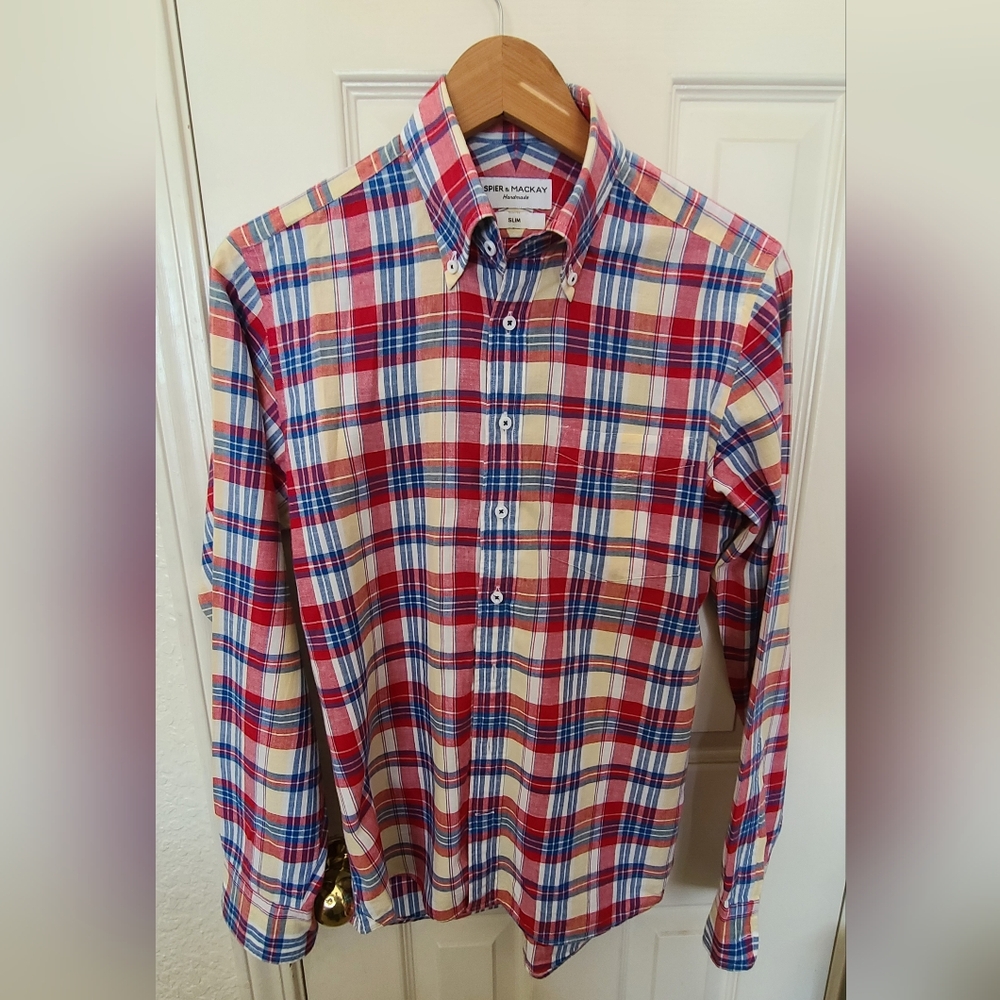 Spier & Mackay Red and Blue Casual Button Down Shirt, Madras, Size 15